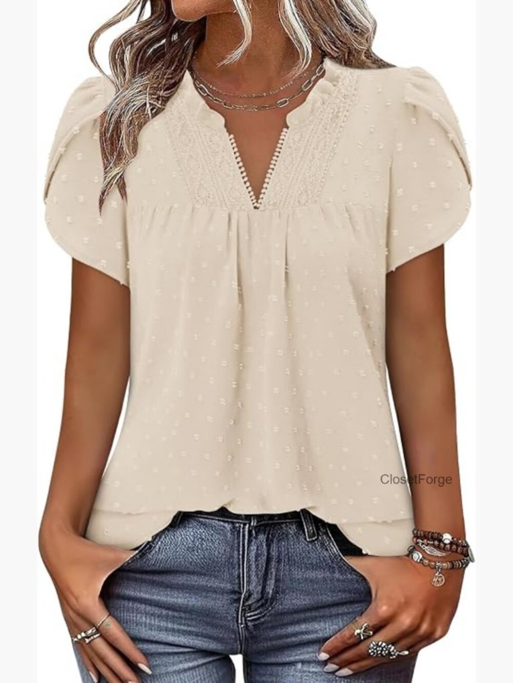 Swiss Dot V Neck Short Sleeve Boho Blouse Flowy Peplum
